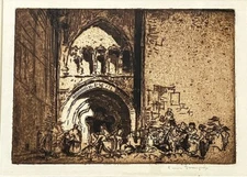 Frank Brangwyn Signed 1910 Sepia Etching "A Door, Cahors" Framed 