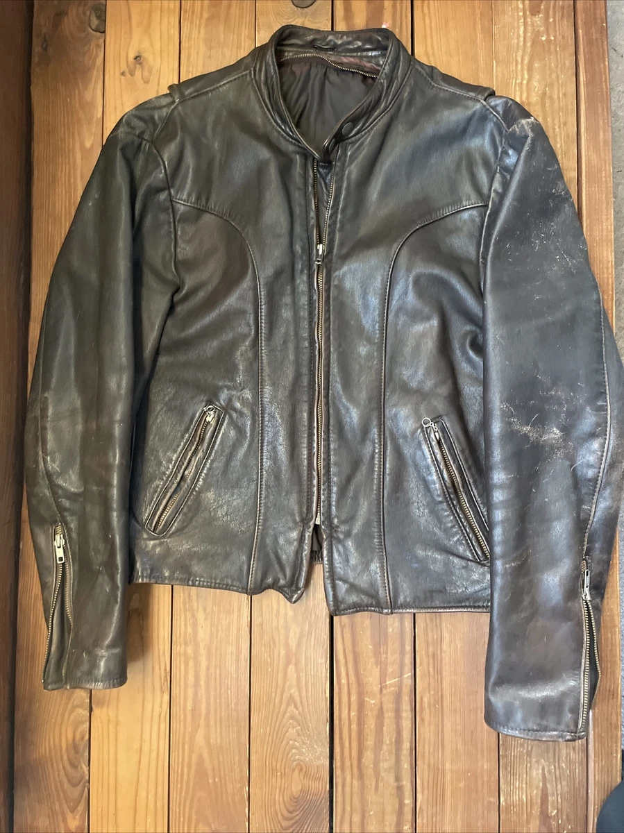 Vintage 80s Brown Leather Motorcycle Cafe Racer Jacket Size 38