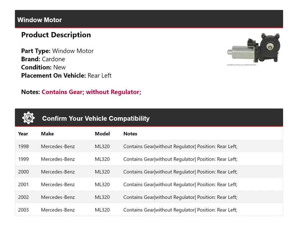 Motor ventana trasera izquierda cardone 1999 2000 2001 mercedes-benz ml320 1998-2003 Foto 2 de 4