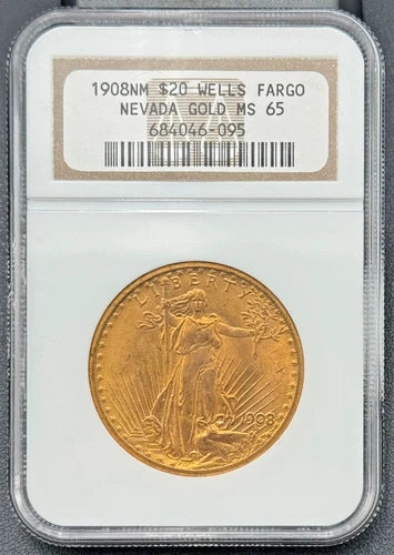 1908 P $20 ST. GAUDENS DOUBLE EAGLE NO MOTTO NGC MS 65, WELLS FARGO GOLD HOARD