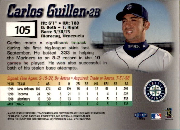 Carlos Guillen 1999 Fleer Mystique Rookie #105 /2999 Seattle Mariners Numbered - Image 2 of 2