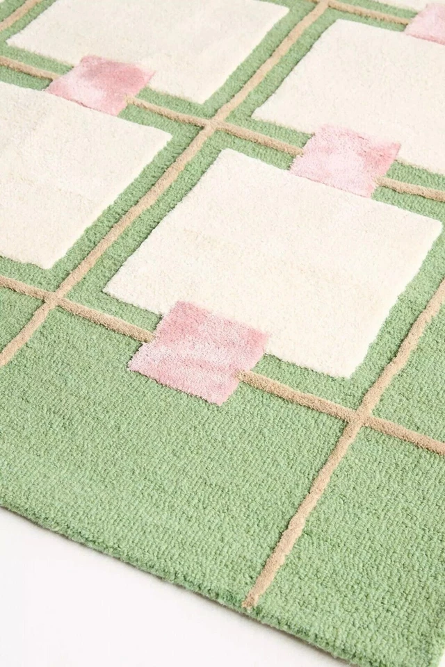Greer Green Tufted Wool Area Rug | Geometric Grid with Raised Squares Designs - Image 2 of 2
