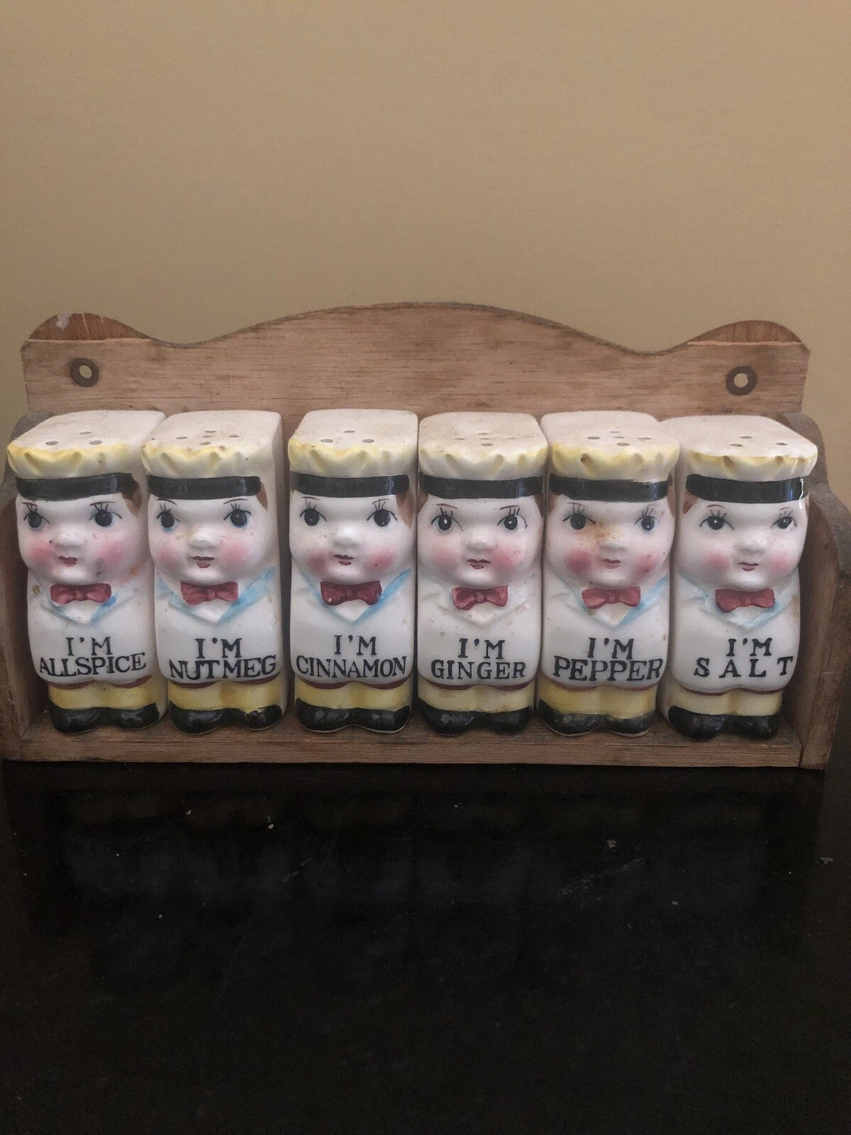 Vintage Ceramic Chefs Spice Shakers Rack Set Japan