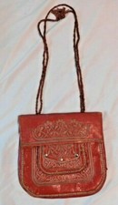 ANTIQUE / VINTAGE LEATHER BOHO PURSE SHOULDER BAG W 5 POCKETS FANCY STITCHING