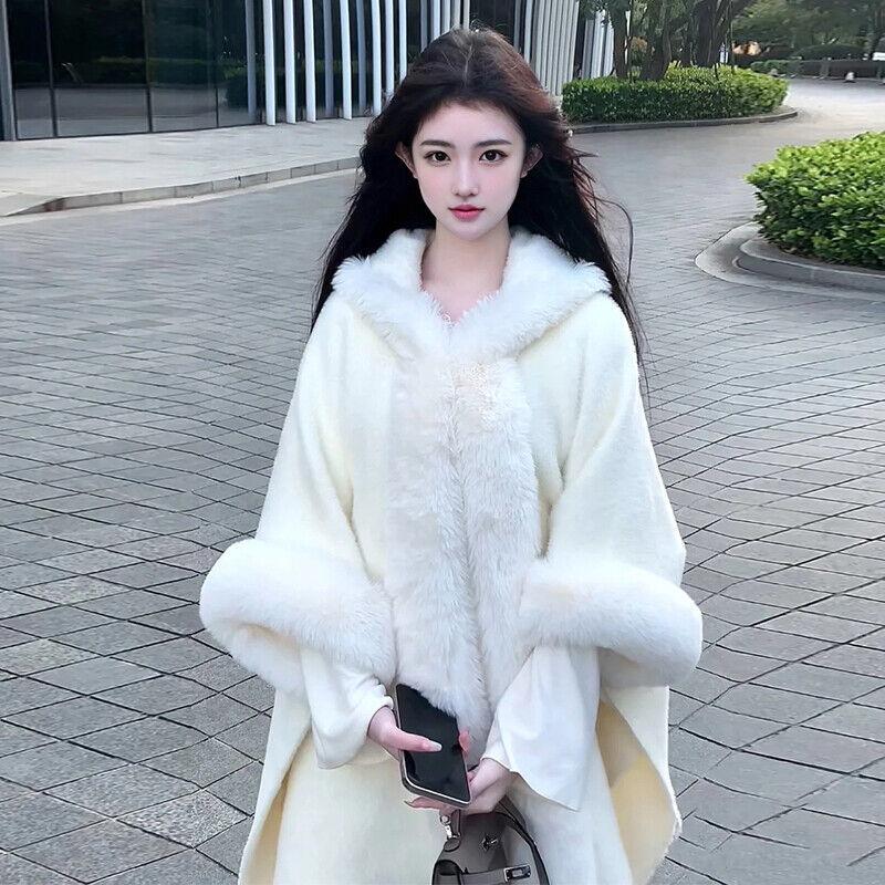 Winter Fur Collar Hooded Shawl Cape Womens Warm Coat Long Loose