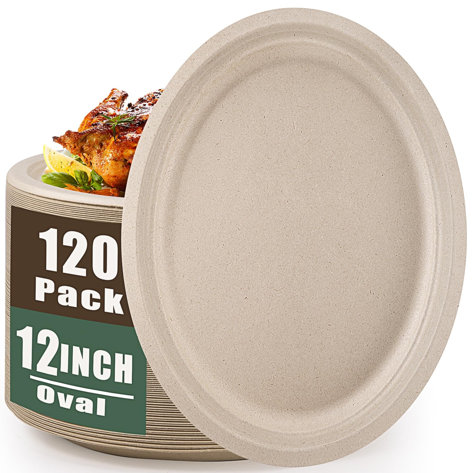 Oval Paper Plates,120 Pack 12 inch Disposable Plates,100% Compostable Paper P...
