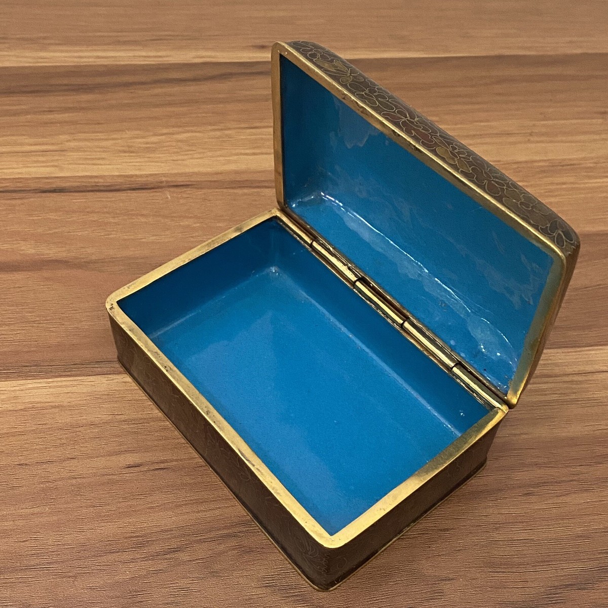 Vintage Chinese Cloisonne Brown Enamel Floral Cigarette Box Hinged Trinket  Box