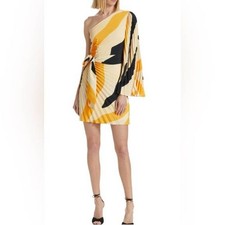 Milly Linden Zebra 1 One Shoulder Pleated Mini Dress Mango Black 23CD98 US 2 NWT