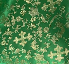 Kelly Green Gold Metallic Church Cross Brocade Fabric 60 Width Sold By The Yard