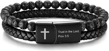 Men's Cross Bracelet for Men : Inspirational Bible Verse Black Leather Bracelets