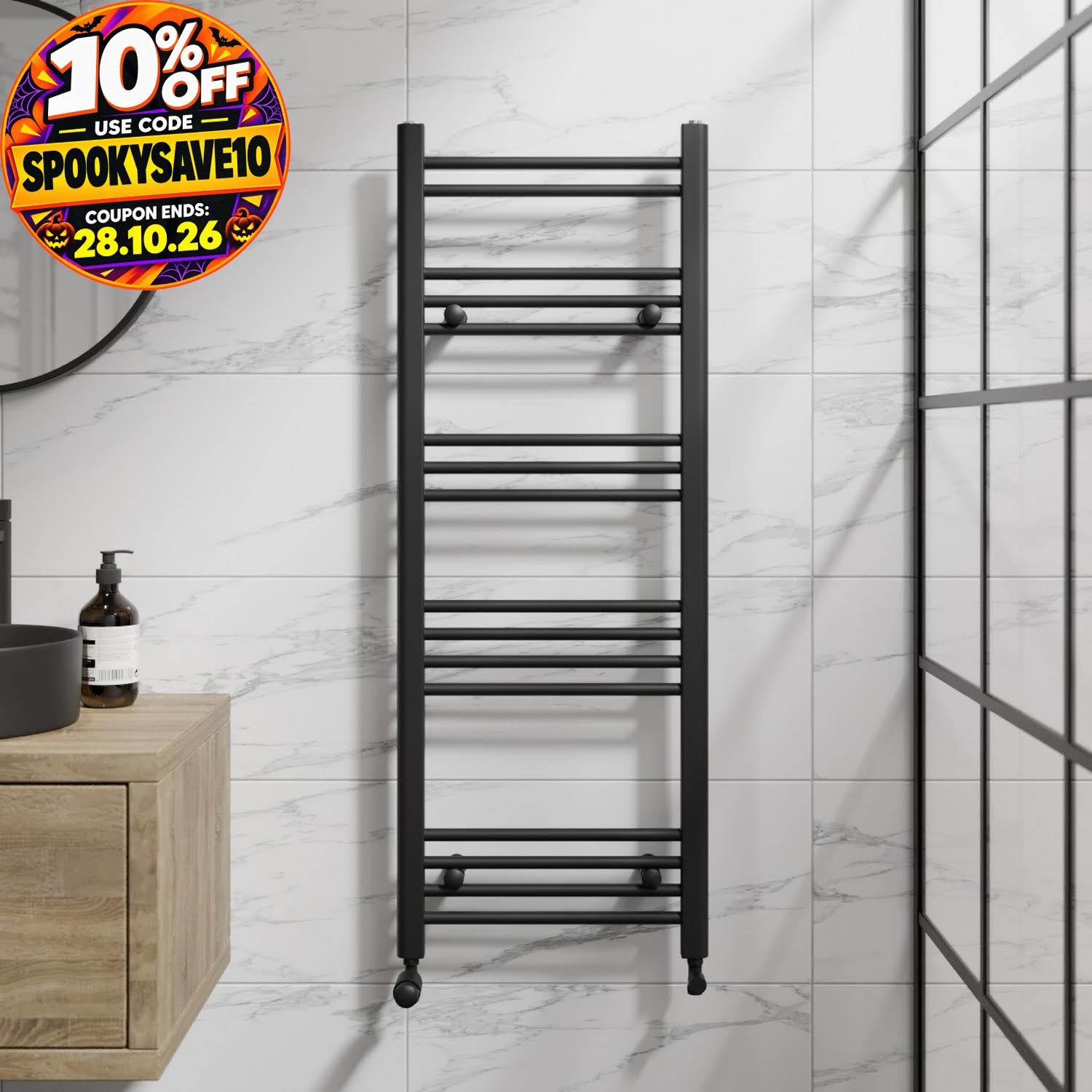 Duratherm Heated Towel Rail Matt Black 1200 X 450Mm Flat 5056696002885 - Image 2