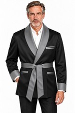 Mens Smoking Jacket - Silky SATIN - Black-Grey