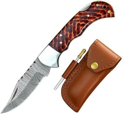 MAZEDAZE MART Handmade Damascus Folding Knife with Sharpener | Pocket Hunting Knives with Leat