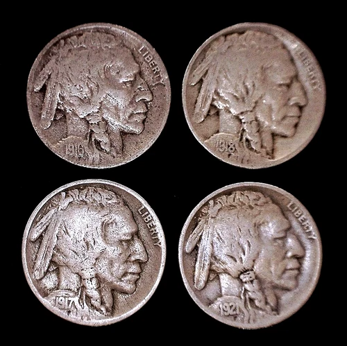 4 Early Date Buffalo Nickels, 1916, 1917, 1918, & 1921
