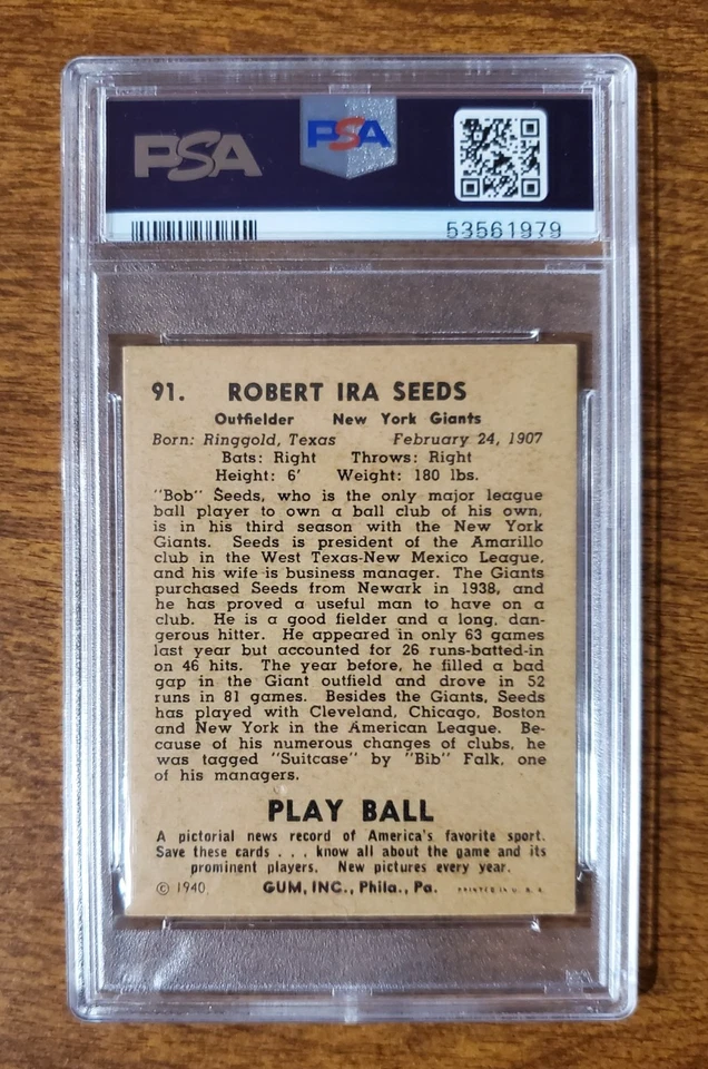 1940 Playball Card #91 Bob "Suitcase" Seeds PSA 4 VG-EX New York Giants! Nice! - Image 2 of 2