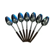 Interpur INR2 Stainless Set 7 Tablespoons Wood Handles Flatware MCM VTG Japan