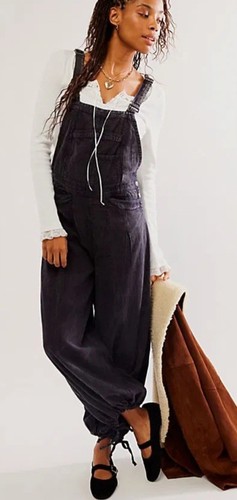 Free People Follow The Sun One Piece Balloon Leg Overalls Black Sz Medium Linen