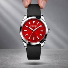 PARUSIO NH35 Automatic Watch Red Sunburst Dial Date Black Rubber Strap
