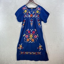 Vintage Mexican Embroidered Dress Womens M Blue Peasant Floral D' Loera Puebla