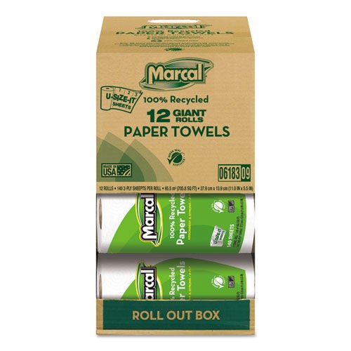 Marcal 6183 11" x 5.5" 2-Ply Roll Out Box Kitchen Roll Towels - White 12/CT New