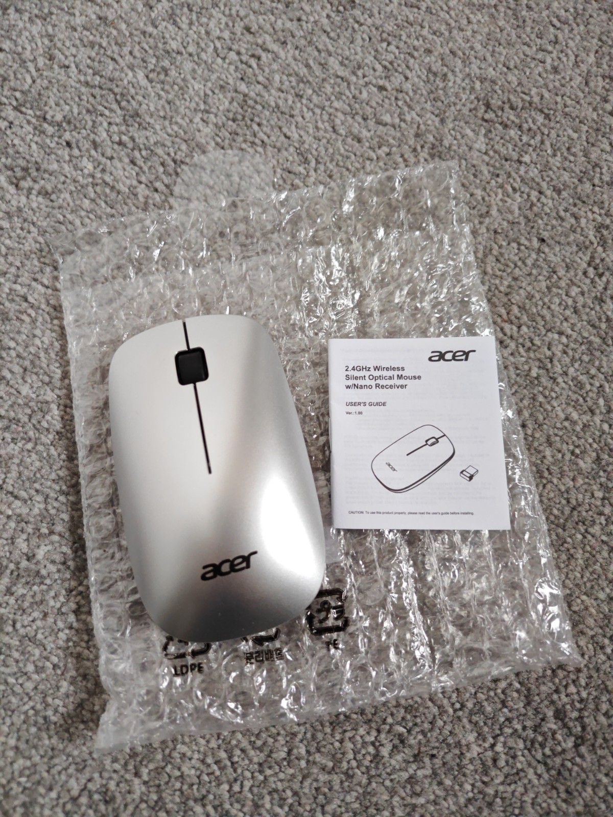 Acer Wireless Mouse Slim Optical Grey Ambidextrous Windows Chrome 1200 DPI Grey