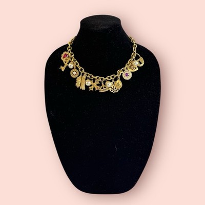 FRENCH ETRUSCAN Vintage Couture Matt Gold Tone Luxury Designer Charm Necklace
