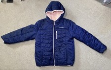 Eddie Bauer Girls Navy Blue Puffy Jacket Hooded Faux Fur Lined Kids Size L 14/16