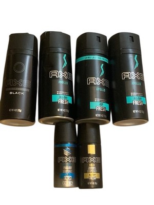 Lot Of 6 New AXE Body Spray 3 Apollo 1 Black 4oz 1 Gold 1 Oz 1 Ice Chill 1 Oz