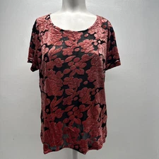 Citron Santa Monica Shirt Short Sleeve Rayon Stretch Floral Velvet Black L Large