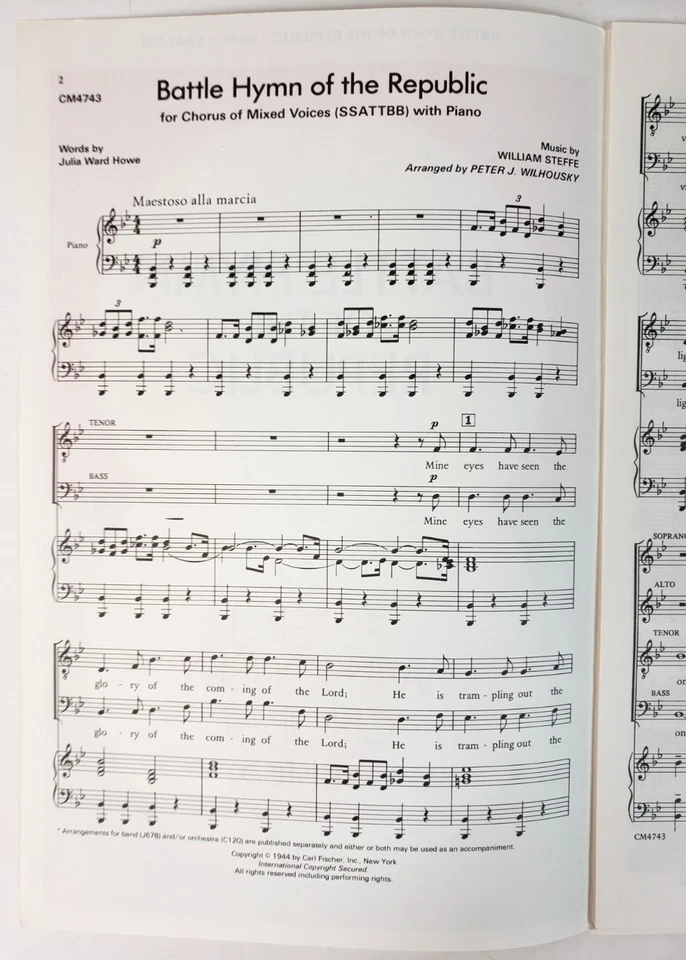 Himno de Batalla de la República Steffe Wilhousky Hoja Coral SSATTBB Piano 1944 Foto 3 de 4