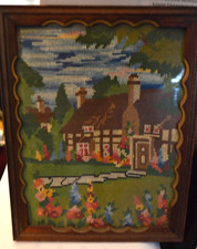 Vintage Hand Stitched Needlework House Flowers Framed picture 1948 
