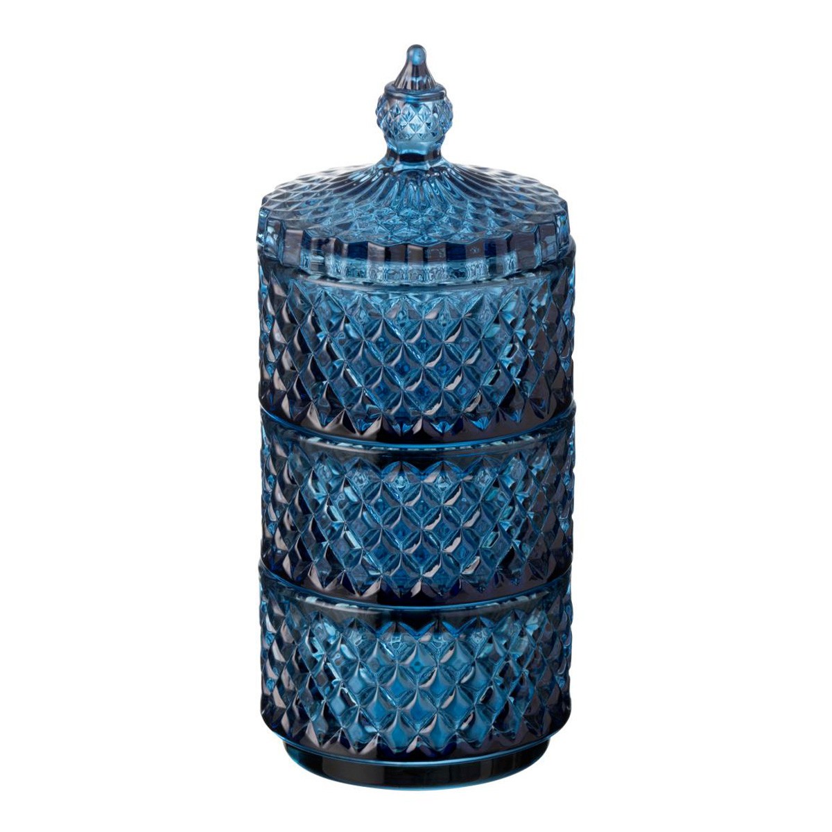 Boîte décorative en verre bleu raffiné à triple niveau d'une hauteur de 20cm