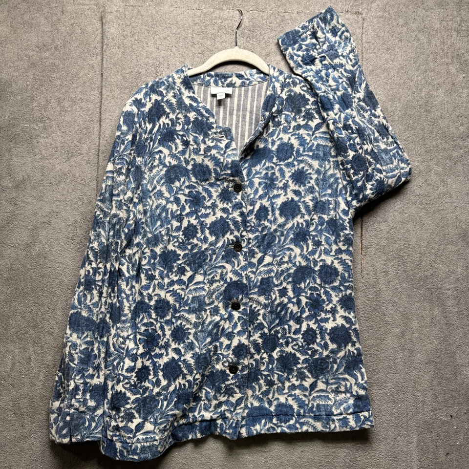 Blazer feminino J Jill Boho artístico azul floral brocado jaqueta de algodão topper grande - Imagem 2 de 4