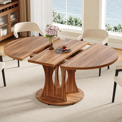 43.3-59 Inch Extendable round Dining Table for 6-8 People, Oval Dinner Table wit