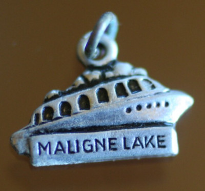 VINT :MALIGNE LAKE ALBERTA CANADA SILVER TONE SHIP PIN CHARM/PENDANT USA MADE: