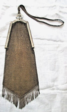 Antique Silver Metal Soldered Mesh Purse Blue Jewel Closure 7" long fringe