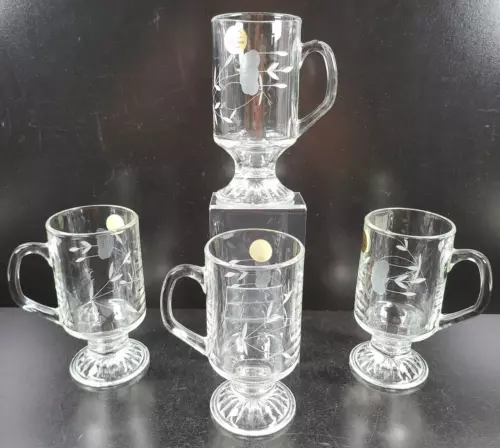 4 Princess House Heritage Irish Mugs Set Floral Etch Footed Coffee Tea Cups Lot