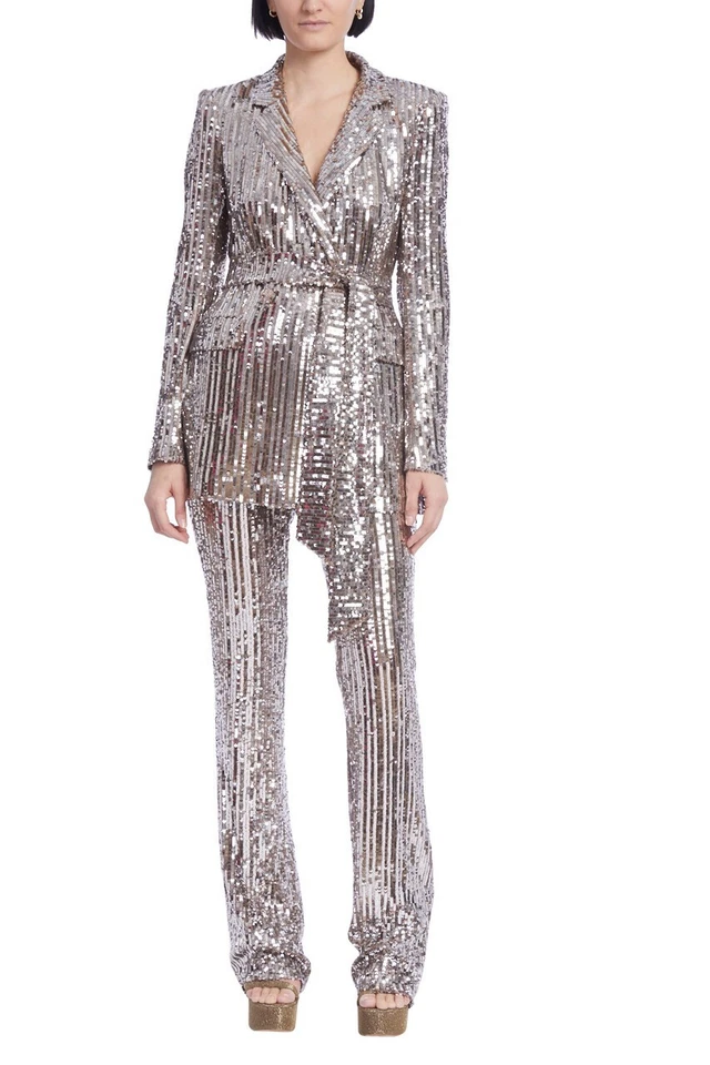Badgley Mischka Sequin Mono-Stripe Wrap Blazer Sash sz 2 Silver Gold Cocktail — 第 3/3 张图片