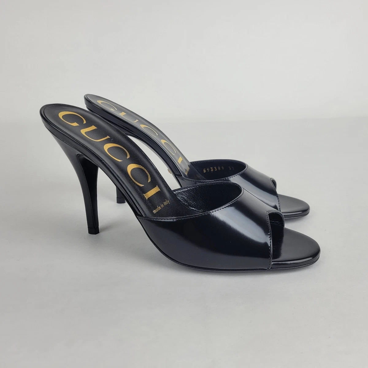 New Gucci Women's Black Shiny Leather Mid-Heel Slides Sandals 593389 1000