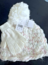IMG Girls Beanie Knit Beanie and Gloves 2 Piece Set White  Pink One Size