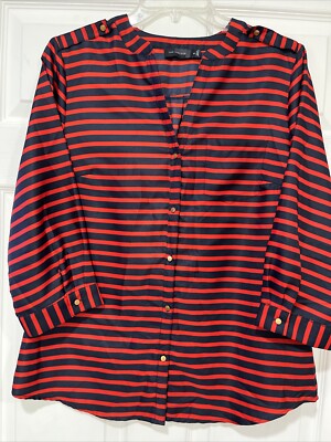 The Limited Womens Blouse Button Up Red Navy Blue Striped 3/4 Sleeve Shirt Top S