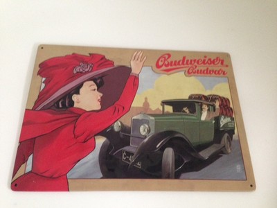 Budweiser Bier Blechschild - Frau mit Hut LKW mit Fässern beige Budvar 5