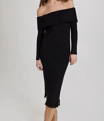 $456 Eleven Six Women's Black Mia Long Sleeve Ribbed Sweater Dress Size  Medium