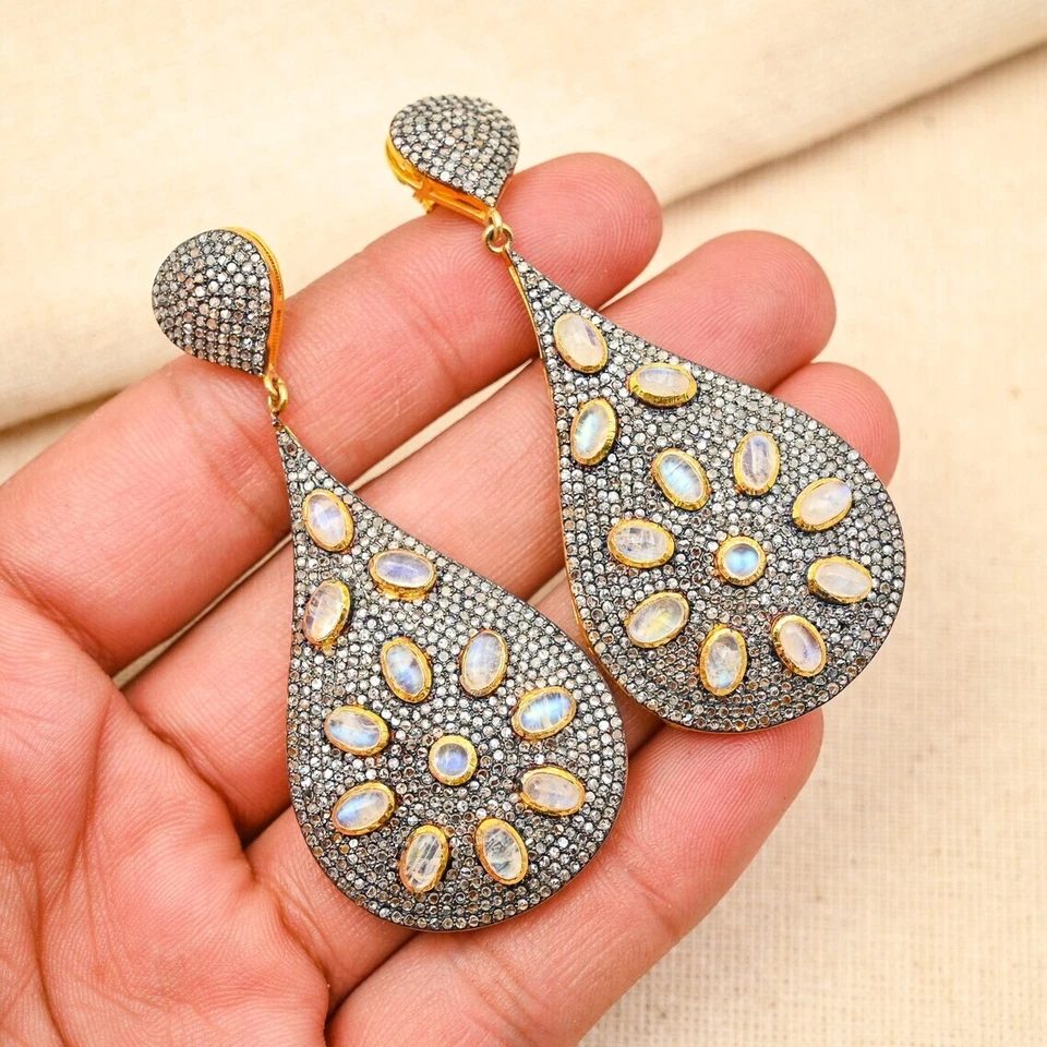 Pendientes de piedra lunar arco iris con diamantes pavé en plata 925, pendiente único, regalo Foto 4 de 4