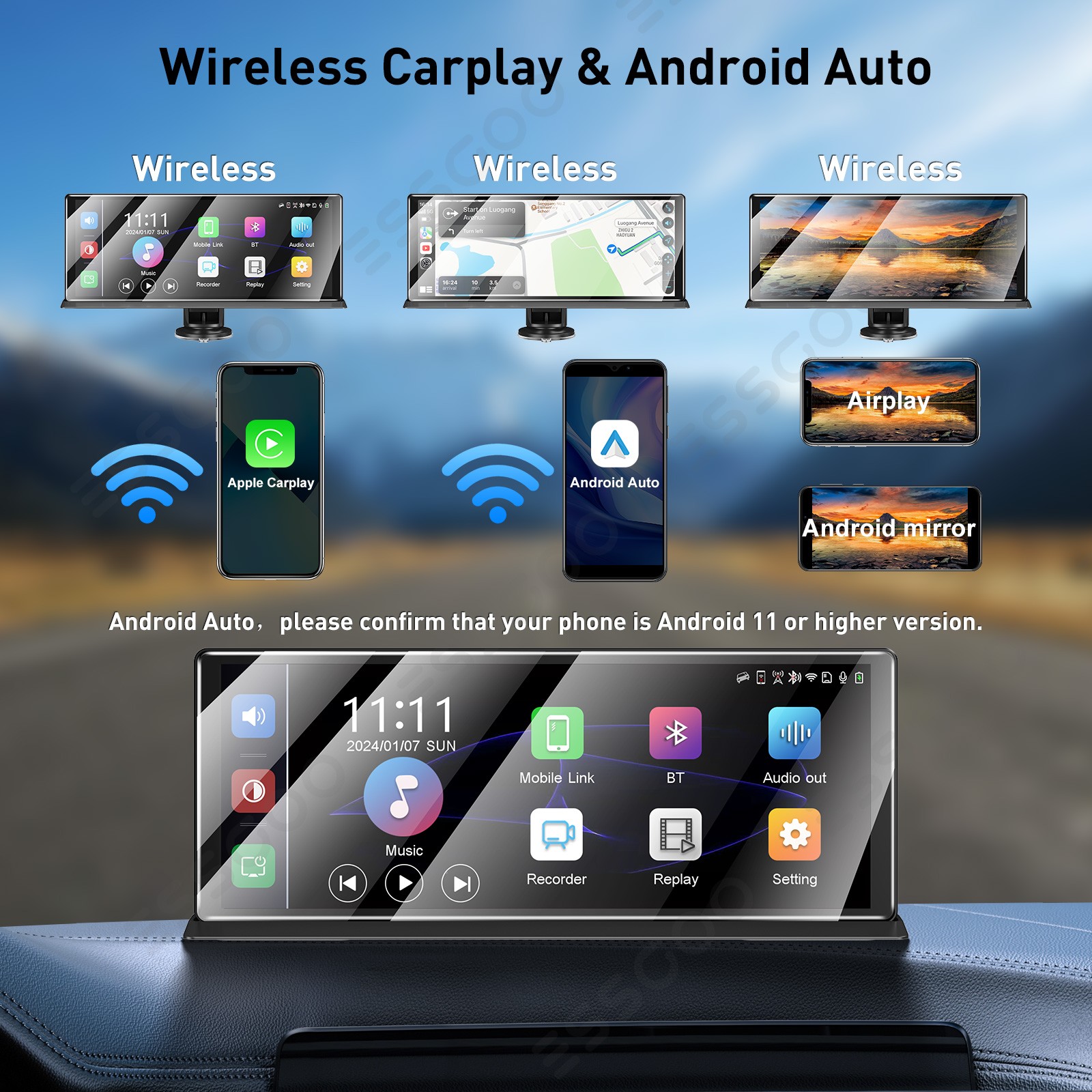 11.3" Wireless Touch Screen BT Android Auto HD Portable Multimedia Apple Carplay