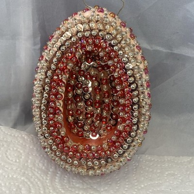 VTG Handmade Beaded Sequin Jeweled Push Pin Egg Easter Ornament Pink Red White