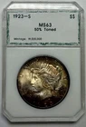 1923 S Peace Dollar, MS63, PCI, Beautiful Gold & Blue Toning, Exceptional Patina