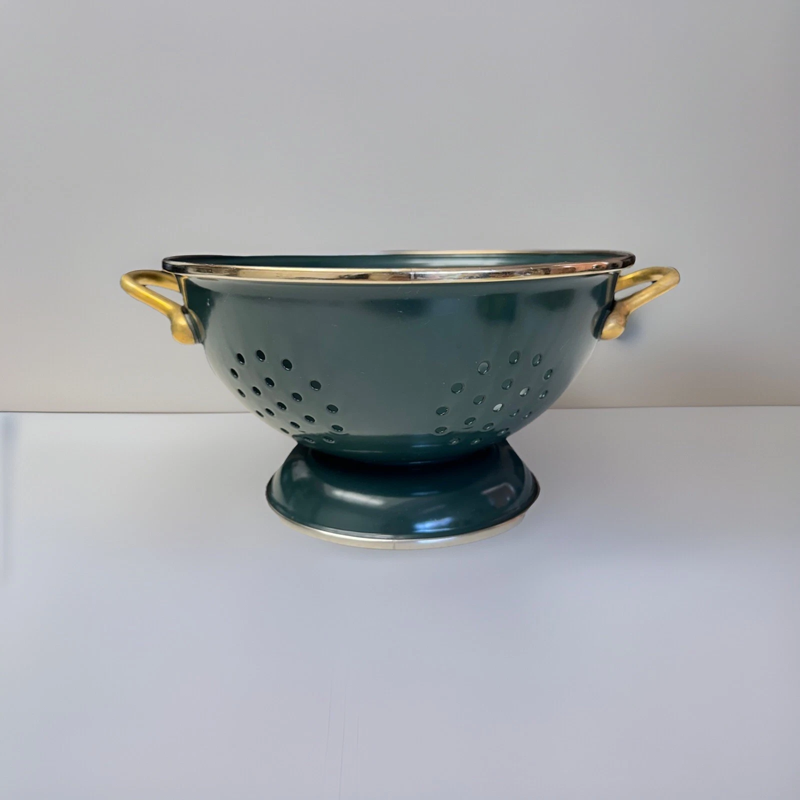 Vintage Enamel Forest Deep Dark Green Brass Colander with Handles 9.5" 10”