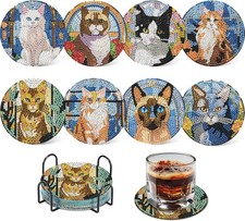 Diamond Painting Coasters, 8 Pcs Diamond Art Coasters with Holder, 5D Gem Cat