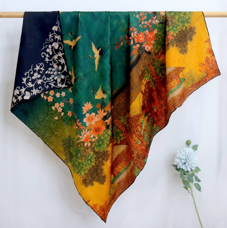 100%Silk Neckerchie Scarf Square Bandanna Double Face bird Print Shawl 108X108cm